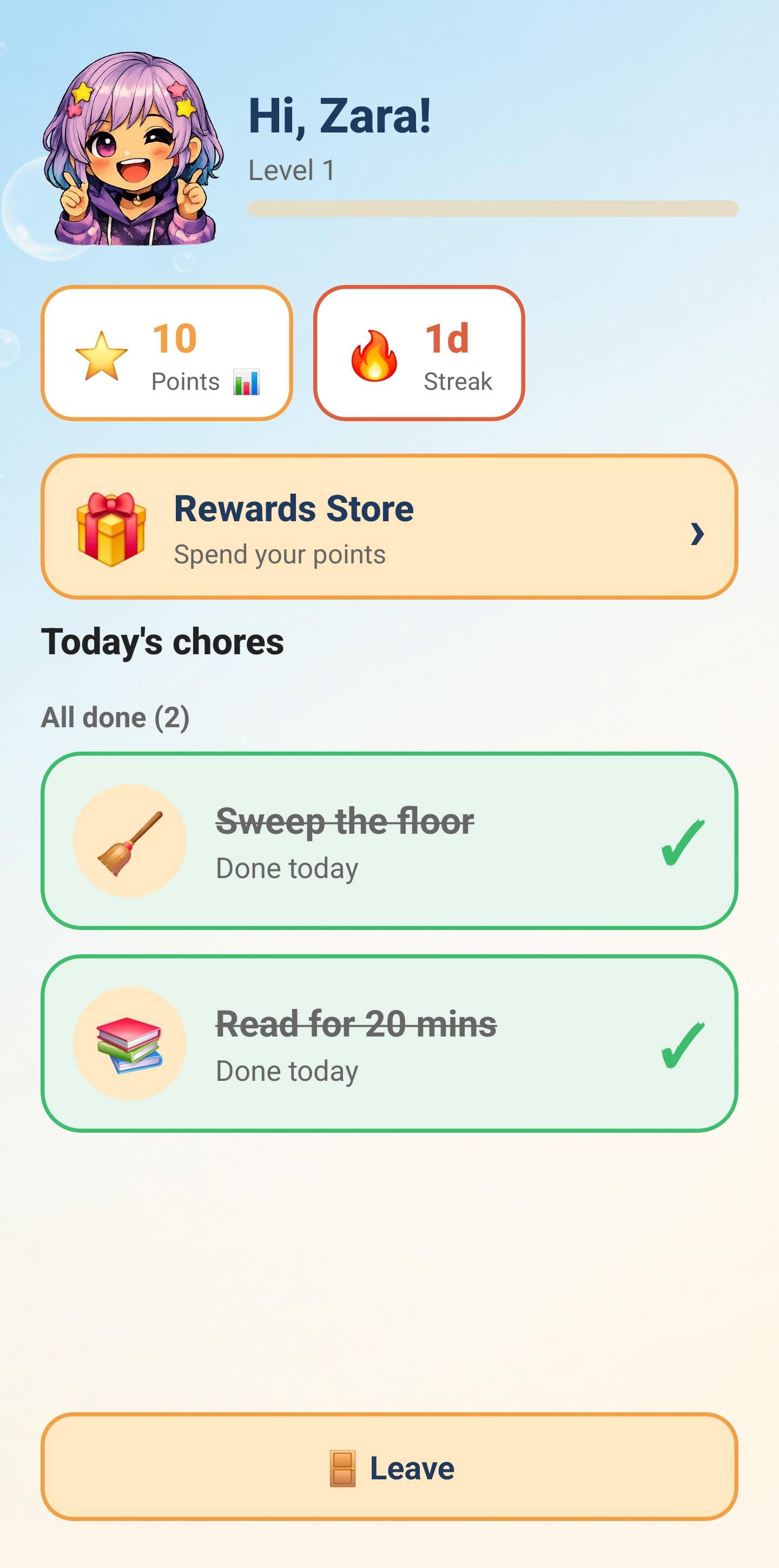 Tidy Story Kid Home screen — points, streak, today's chores