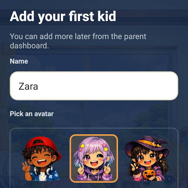 Onboarding screen — name your first kid and pick an avatar