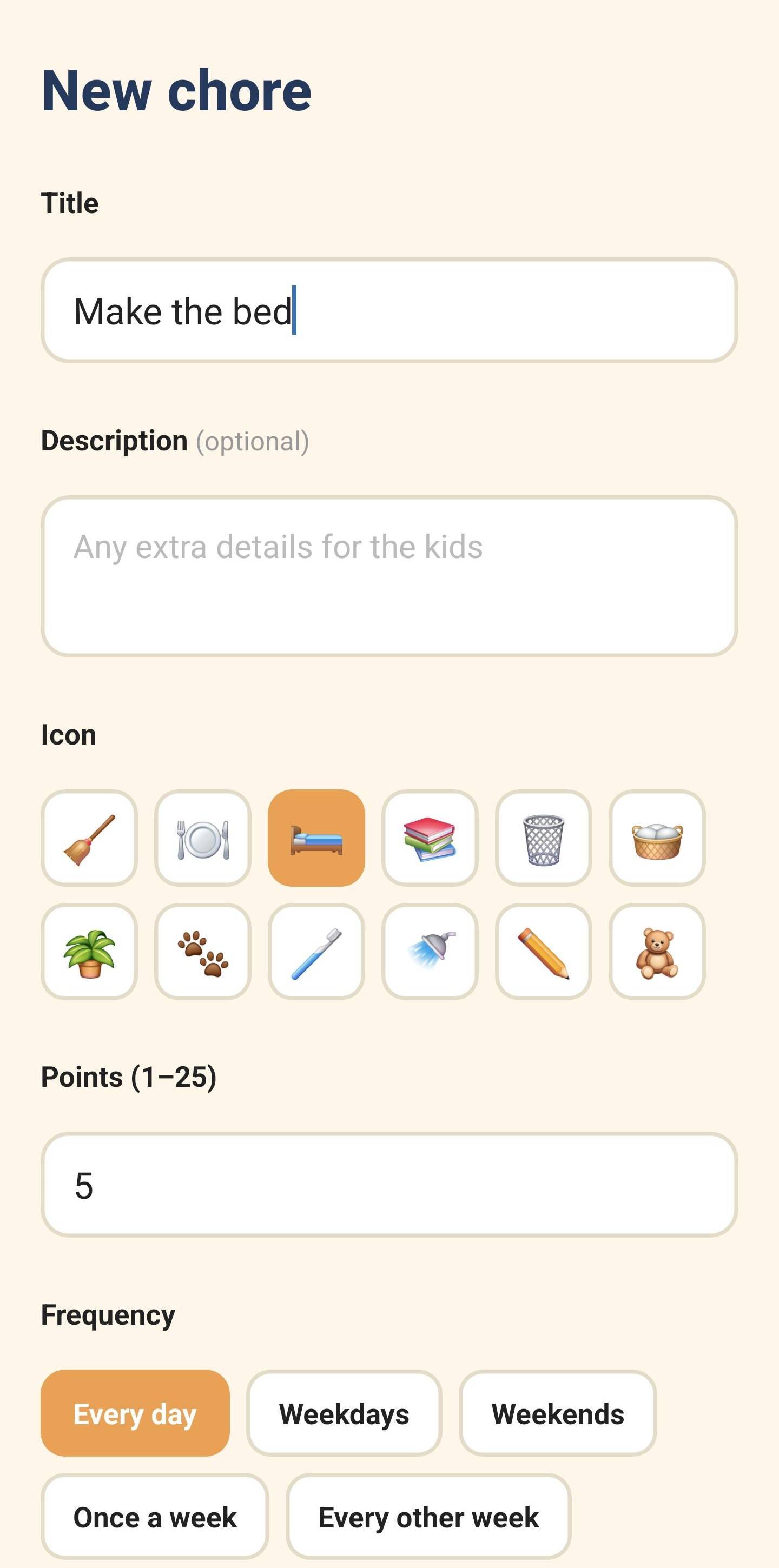 New chore form — title, icon, points, frequency