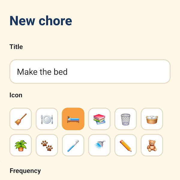 New chore form — title, icon, points, frequency