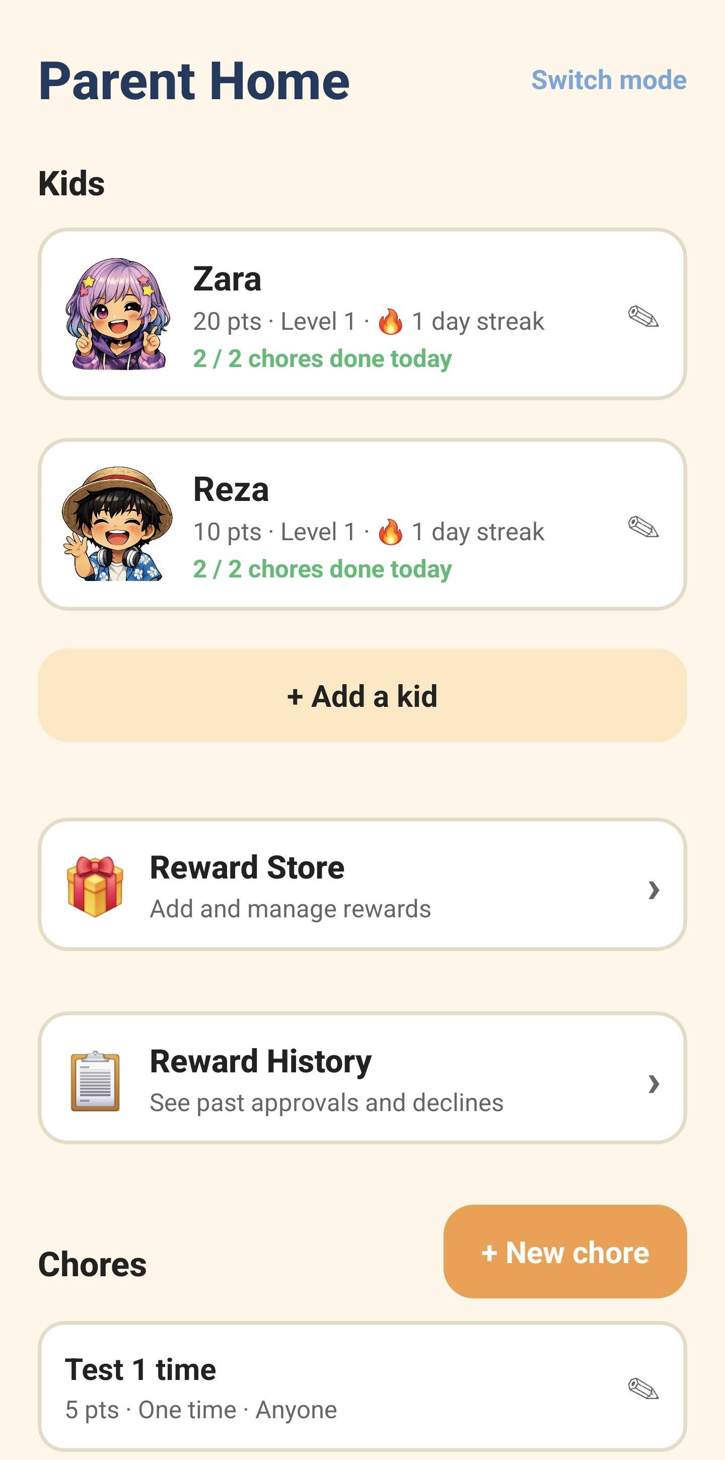 Tidy Story Parent Home screen — kids, rewards, chore management